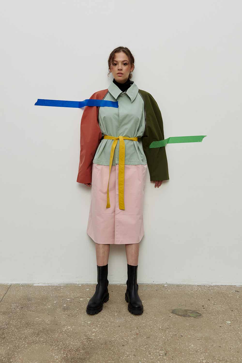 Trench Constructor 2022 pale mint, pale pink, khaki, terracotta with yellow belt