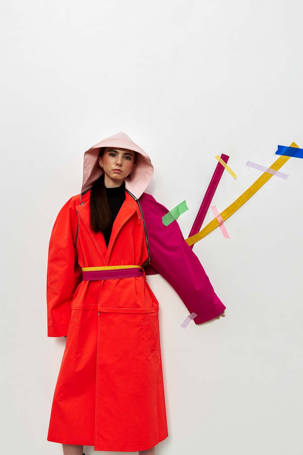 Trench Constructor 2022, scarlet, fuchsia, pale pink with two belts, close up