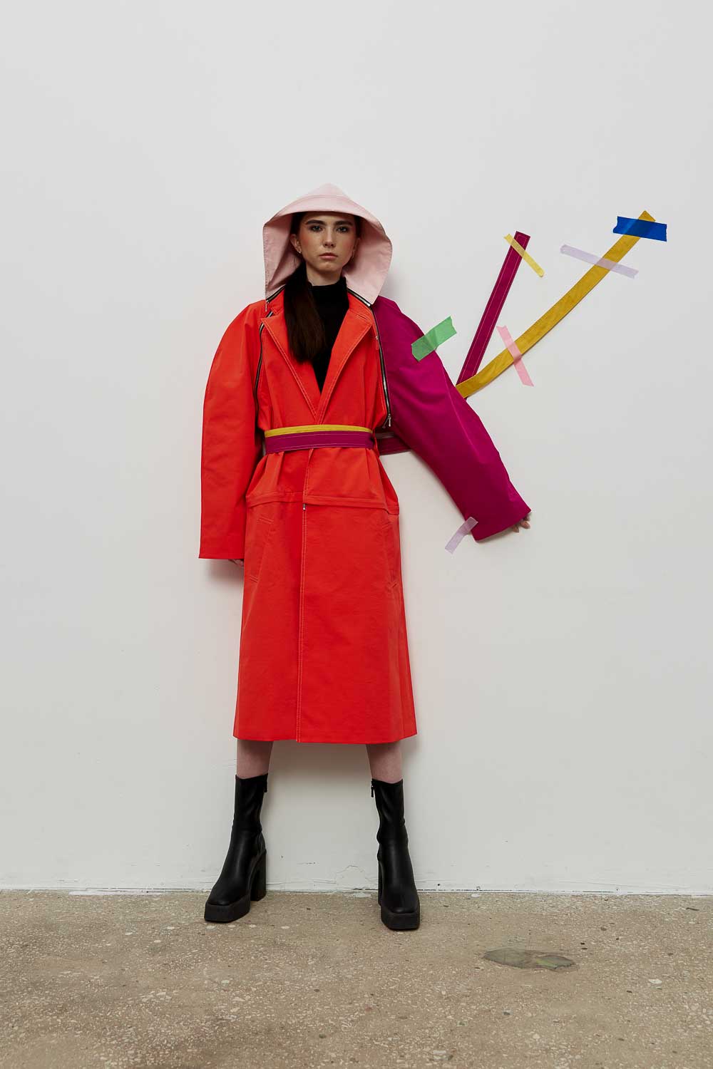 Trench Constructor 2022, scarlet, fuchsia, pale pink with two belts, yellow and fuchsia