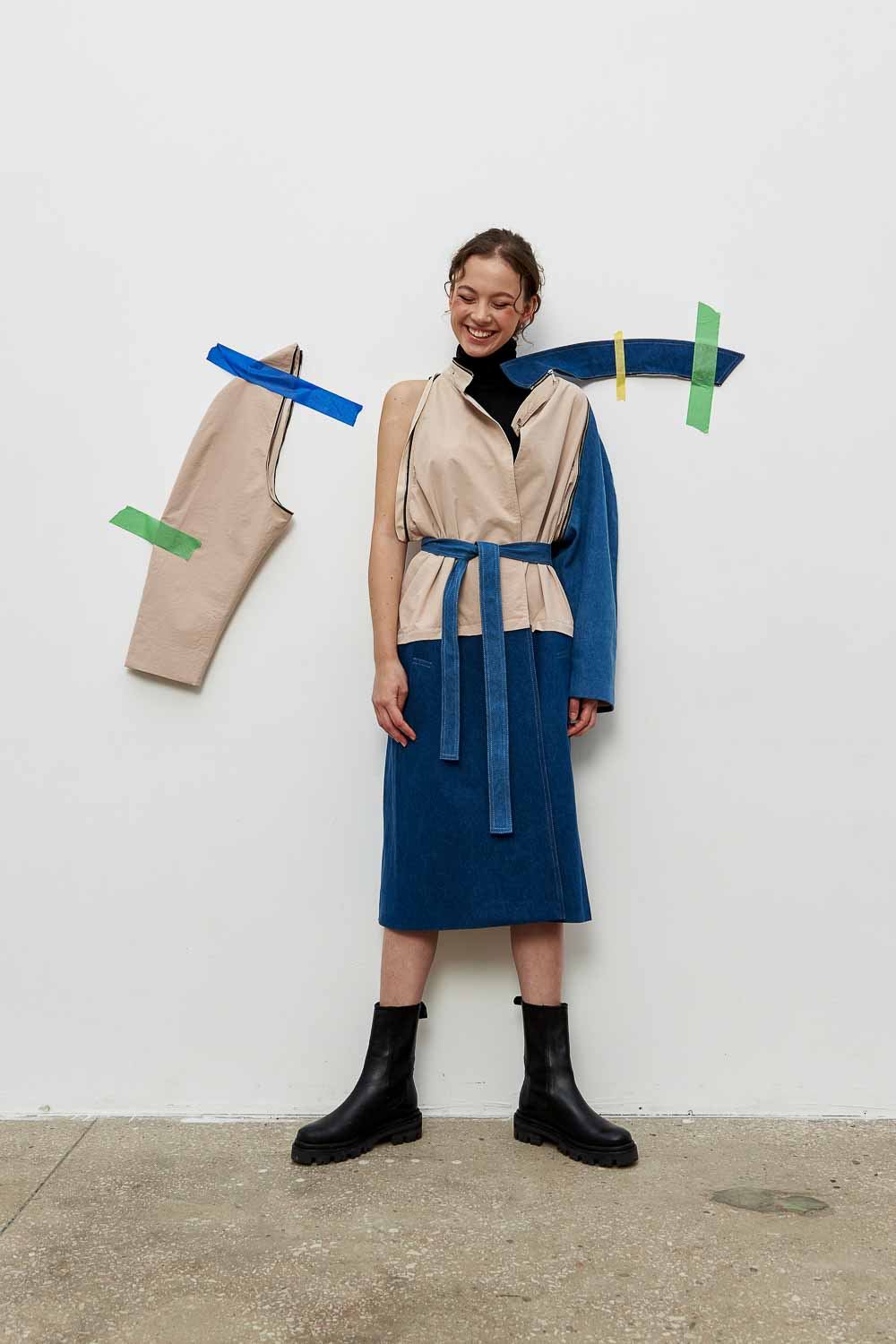 Trench Constructor 2022, beige with denim extender, sleeve and collar