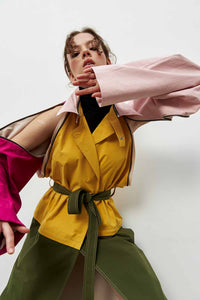 Trench Constructor 2022, yellow, khaki, fuchsia, pale pink close up