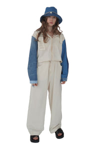 CNSTR N1 calico jumpsuit with denim sleeves full height