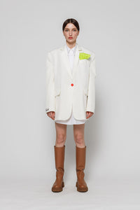 Crepe jacket constructor in ivory with red button front view
