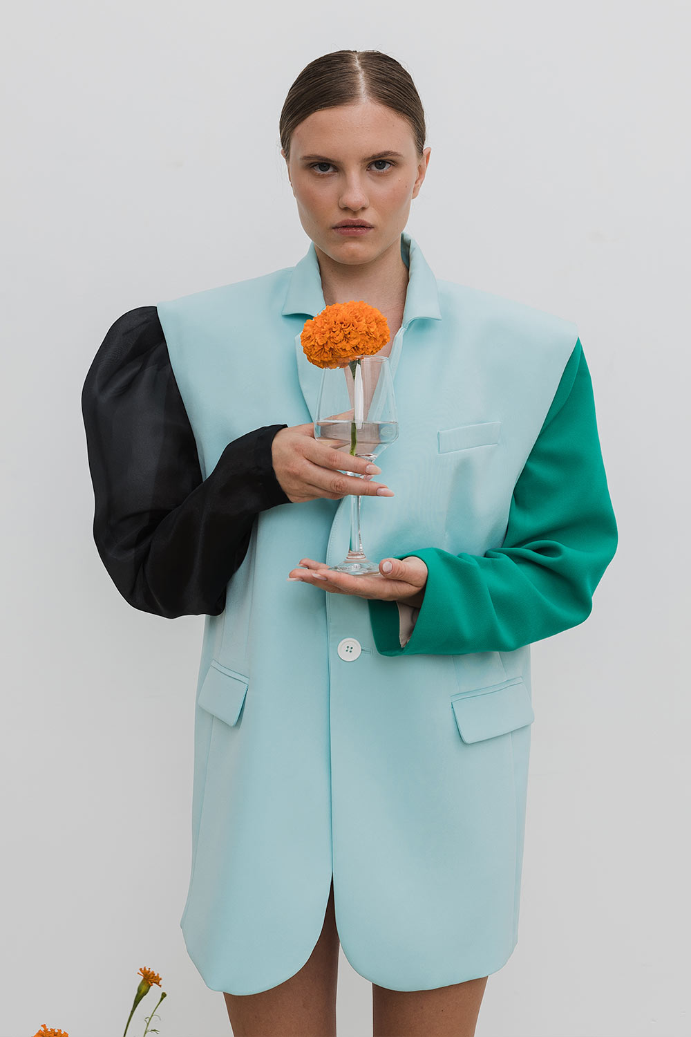 Jacket-constructor, mint blue, black organza, green front view