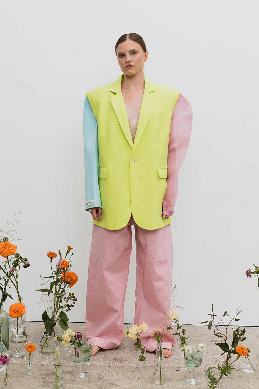 Jacket-constructor lime, mint blue, pink organza fron view