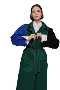Trench constructor deep green, black, blue cobalt front view